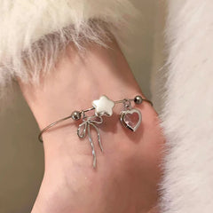 Dospita Y2K Pink Crystal Zircon Heart Bowknot Star Pendant Bangles for Women Girl Simple Korean Aesthetic Fashion Jewelry Birthday Gifts