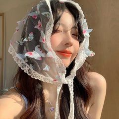 Dospita Sweet Butterfly Lace Triangle Hair Scarf for Women Korean White Bandanas Hairband Spring Summer Headwear Girls Hair Accessories