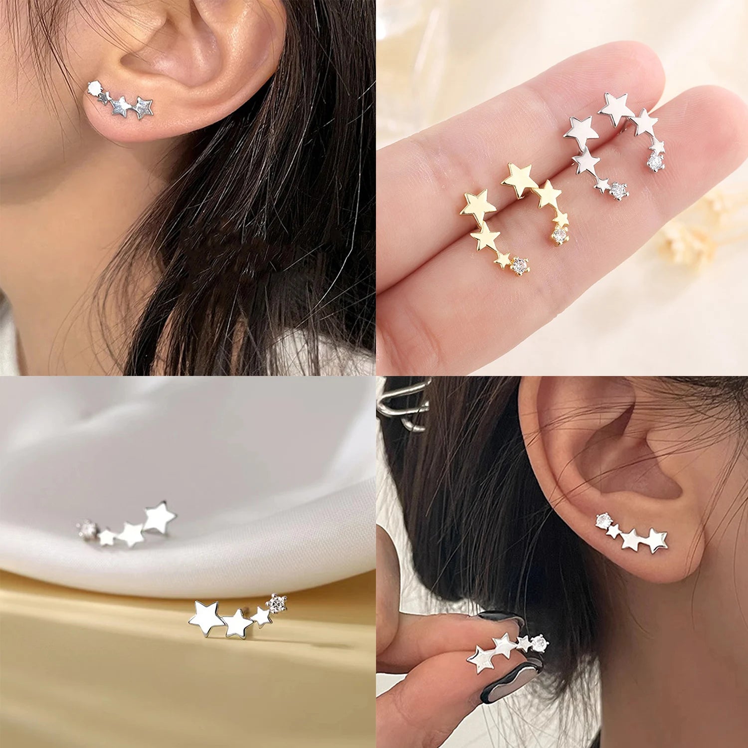 Dospita Fashion Three Stars Connecting Earrings Silver Plated Stainless Steel Earrings For Women