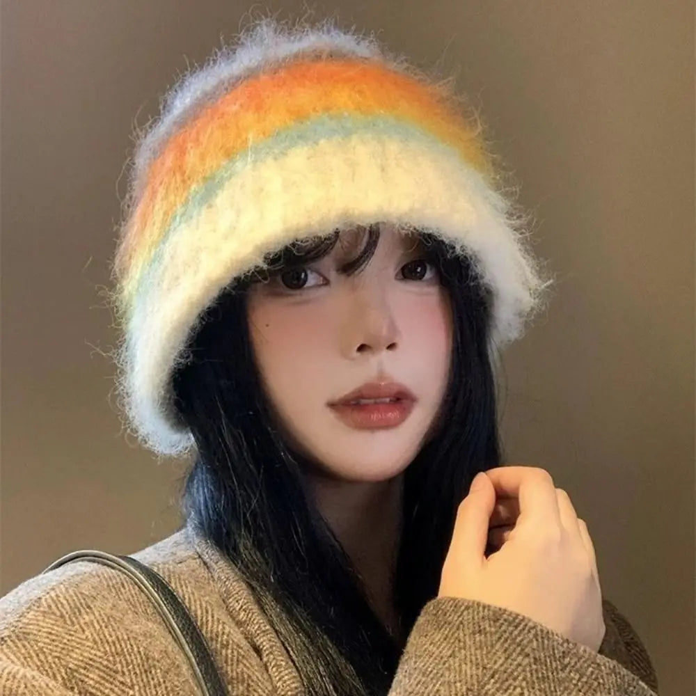 Dospita Fashion Korean Y2k Striped Hat Autumn Winter Casual Colored Woolen Hat Handmade Warm Women Beanie Hat Girls