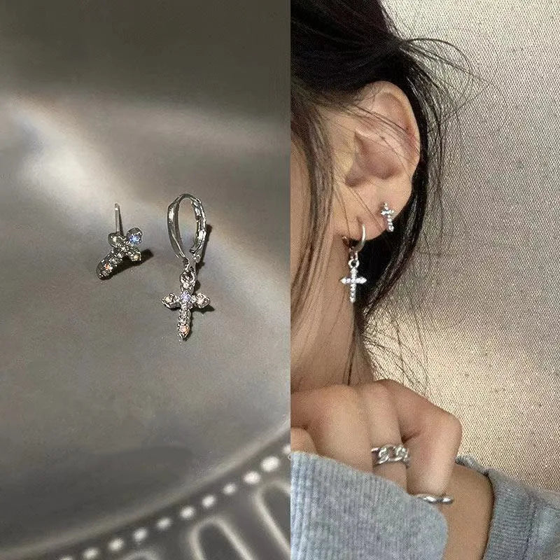 Dospita  -  Fashion Silver Color Zircon Stud Earrings for Women Shiny Cross Pendant Hoop Earring Hip Hop Ear Studs Jewelry Accessories