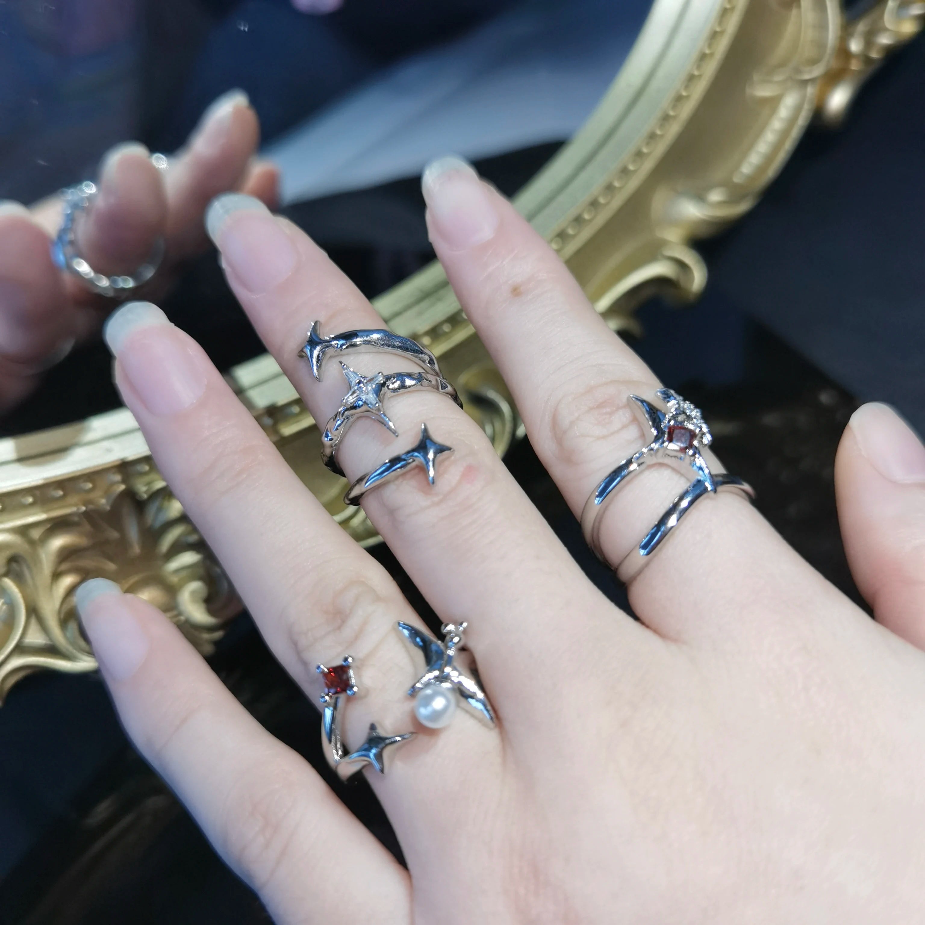 Dospita 3Pcs/Set Irregular Zircon Star Opal Rings Y2K Star Fox Tail Crystal Stone Ring Gothic Red Spider Moonstone Rings Set Jewelry