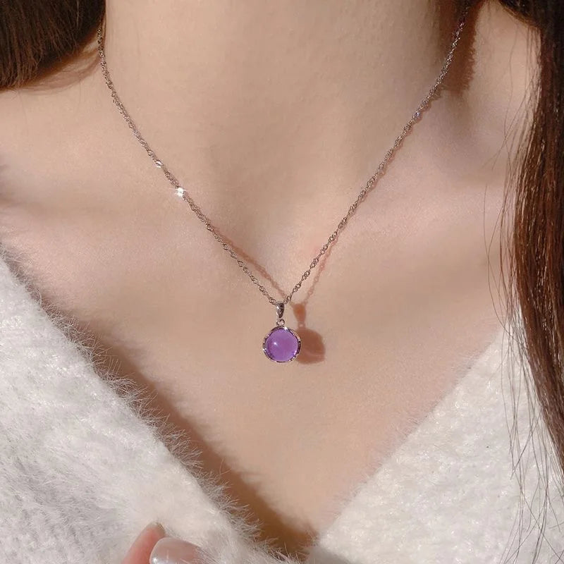 Dospita  -  Elegant Simple Design Purple Round Crystal Pendant Necklace For Women Shiny Crystal Fashion Party Jewelry