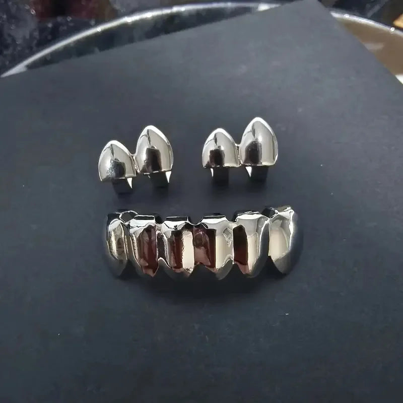 Dospita New Gold Silver Color Hip Hop Teeth for Mouth Grillz Caps Top&Bottom Grill Set Vampire Teeth for Halloween Party Sets Gifts