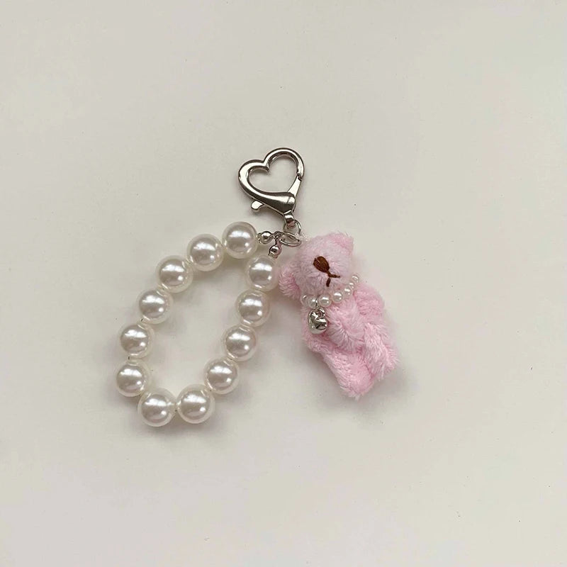 Dospita  -  Plush Teddy Bear Pearl Bracelets Cell Phone Chain Cute Doll Bag Charms Keychain Pendant Girl Heart Hanging Ornament