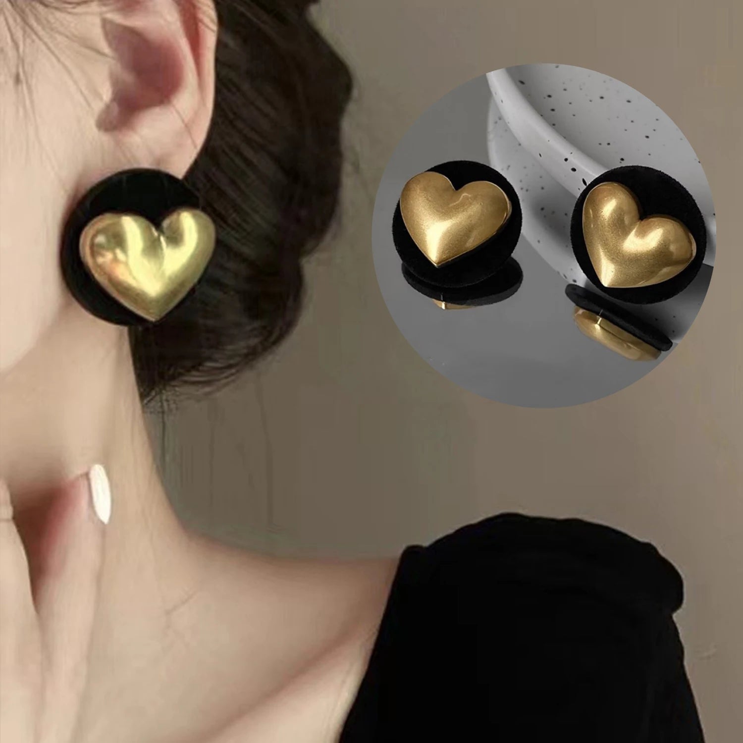 Dospita Vintage Round Gold Colour Heart Statement Earrings Big Black Boho Earrings for Women Ethnic Jewelry Elegant Party Gift