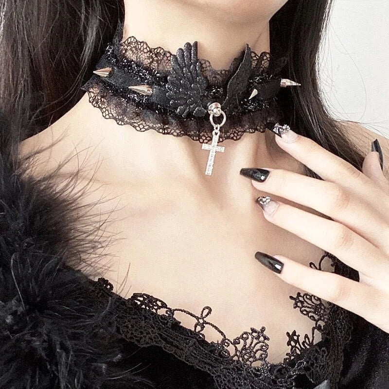 Dospita  -  Retro White Punk Rivet Collar Choker Women Sexy Lace Cross Pendants Gothic Girl Neck Jewelry Accessories