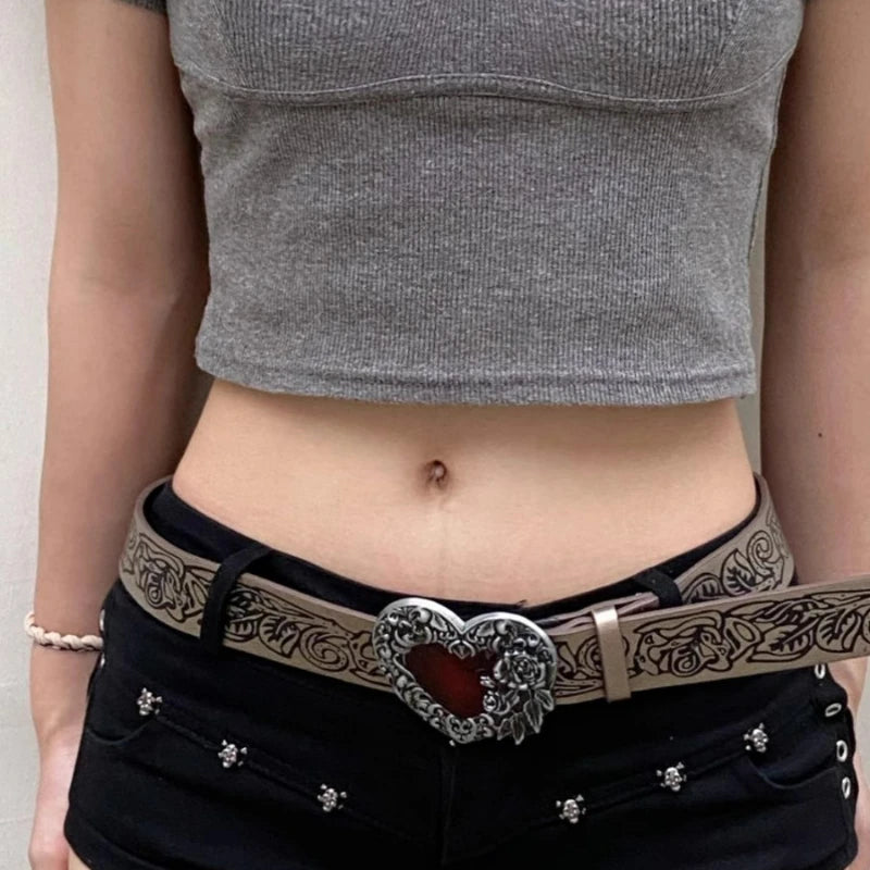 Dospita Gothic punk retro Vintage Knurling Belt Red Heart Shape Buckle Belts Women Dark Style Waistband Y2k Punk Trend Individual All-match Belts