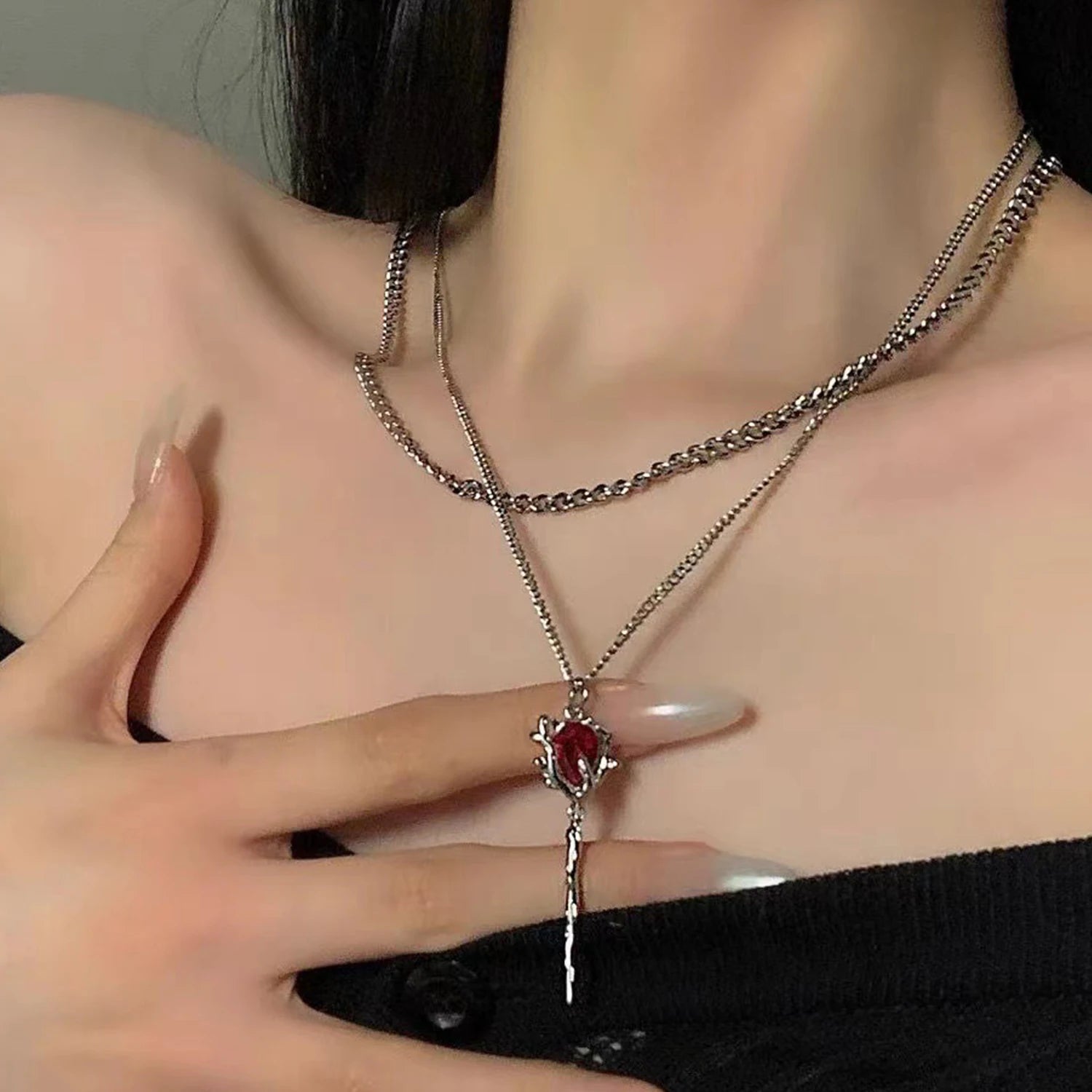 Dospita Double Layer Red Zircon Rose Pendant Necklace Y2K Layered Flower Stone Chain Necklaces Irregular Floral Egirl Necklace