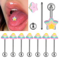 Dospita 1pcs Rainbow Pyramid Conical Star Tongue Rings Stainless Steel Multicolor Tongue Studs Barbell Piercing Body Jewelry 14G