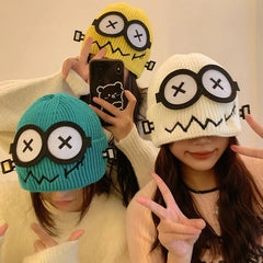 Dospita  -  Kpop Cute Cartoon Cuff Beanie Cap Women's Candy Color Big Eyes Smile Skullies Hat Fashion Streetwear Student Warm Winter Knitted