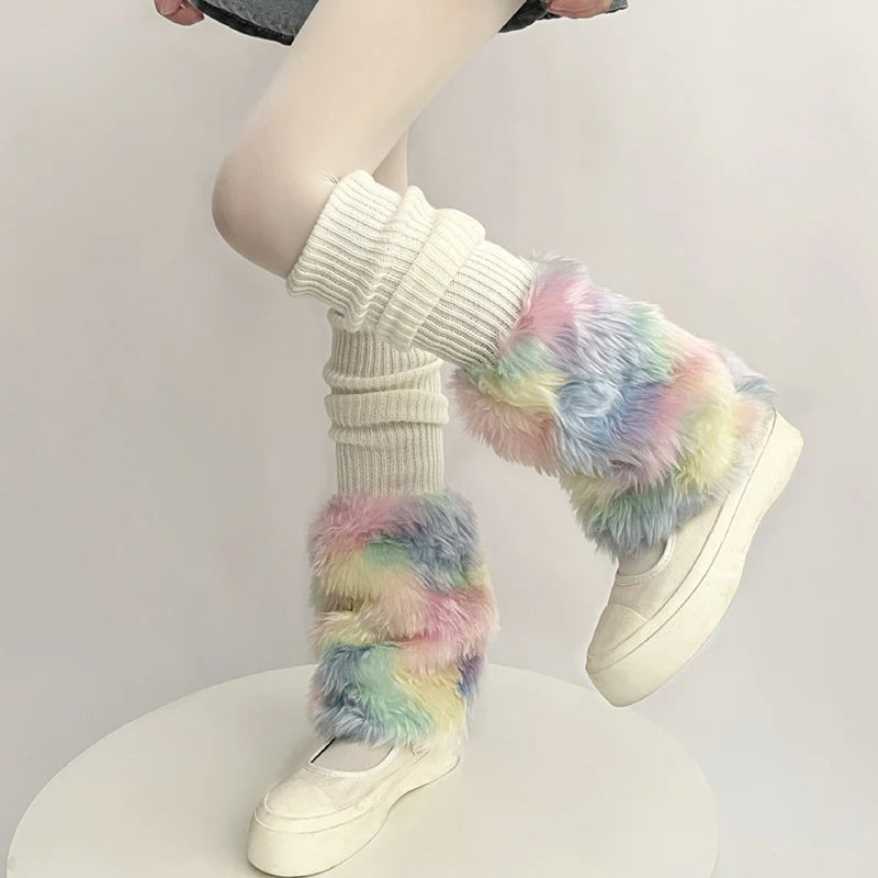 Dospita Cute Colorful Rainbow Leg Warmer Plush Imitation Fur Japanese Women Knitted Over Knee Tube  Winter Warm Long Leg Cover Socks