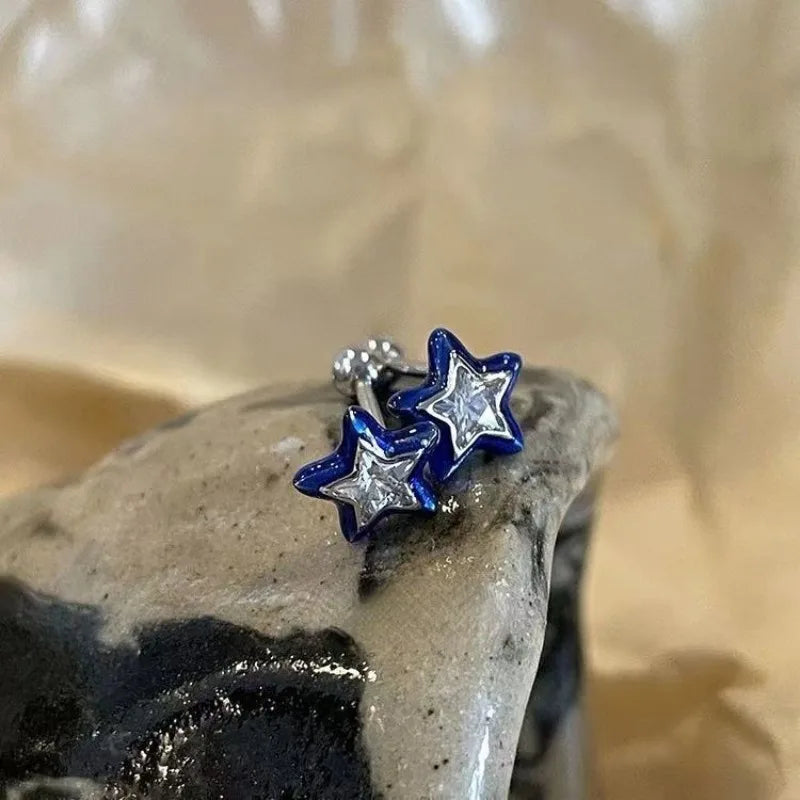 Dospita 2PCS Blue Crystal Star Mini Stud Earrings for Women Girl Cool Sweet Aesthetic Pentagram Earrings Fashion Y2k Trendy Jewelry Gift