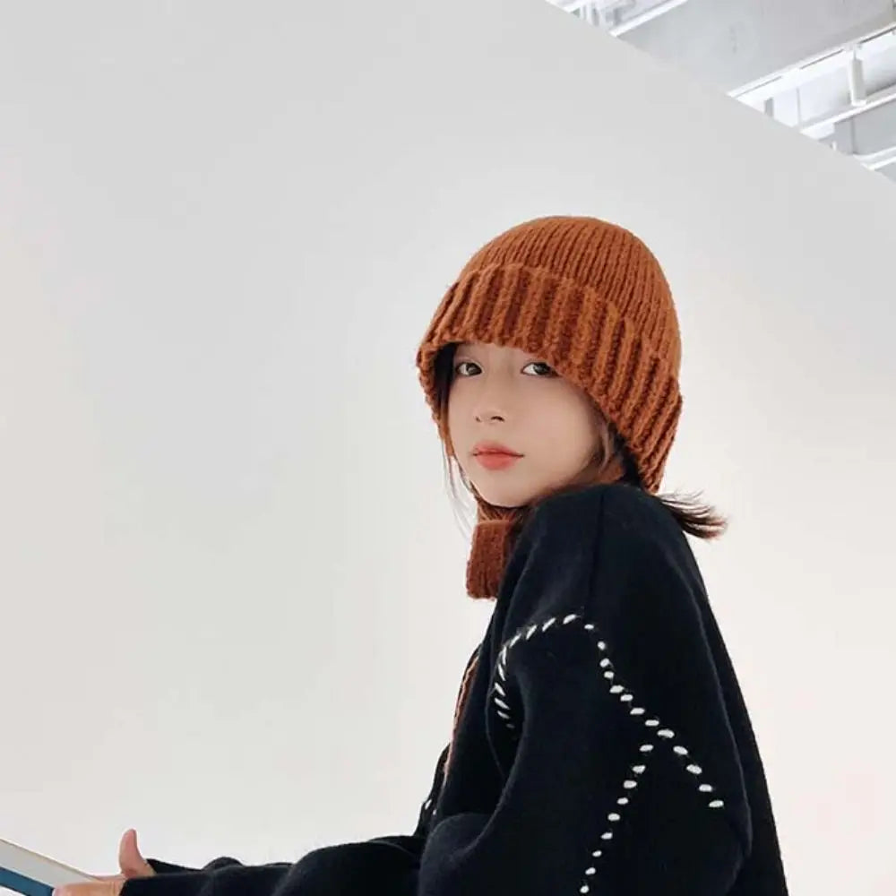 Dospita Casual Bowknot Strap Knitted Hat Wool Hat Korean Crochet Basin Cap Solid Color Warm Cap Knit Beanie Apparel Accessories