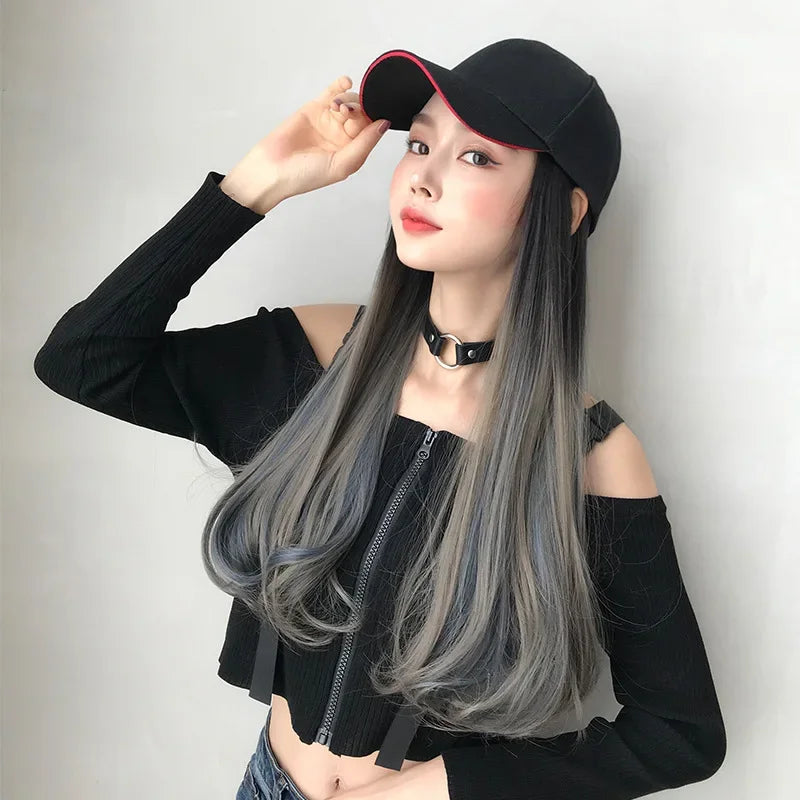 Dospita Trendy Long Curly Wigs Cap Women One-piece Wig Hats Gradient Color Wig Caps Y2K Wig Punk Baseball Cap Casual Daily Wigs Bonnet