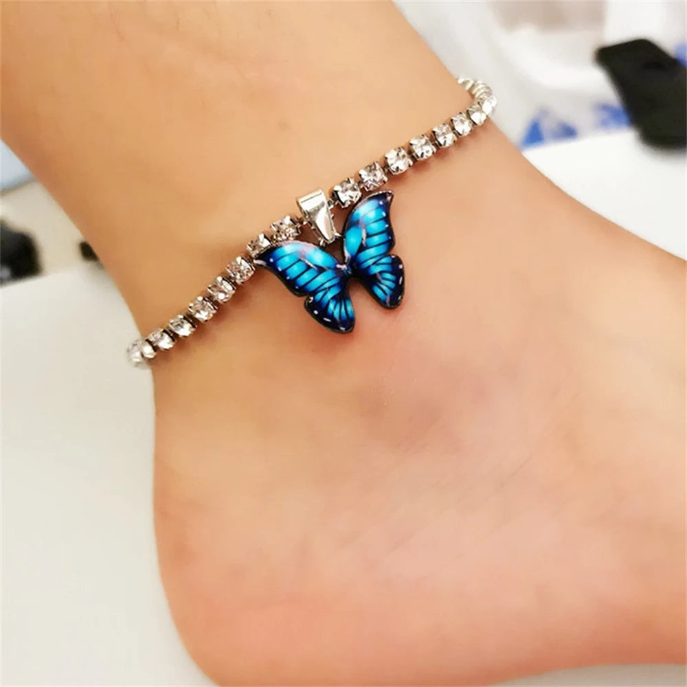 Dospita Bohemian Women Colorful Butterfly Pendant Anklets Fashion Rhinestone Tennis Foot Chain For Girls Summer Beach Accessories