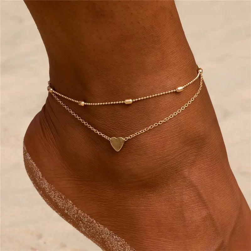 Dospita Female Anklets Simple Silver Color Heart Barefoot Crochet Sandals Foot Jewelry Two Layer Bracelet Anklets for Women