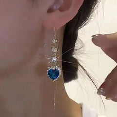 Dospita  -  Exquisite Blue Heart Shaped Zircon Earrings for Women Luxury Long Tassel Ear Line Dangle Earring Ladies Wedding Party Jewelry