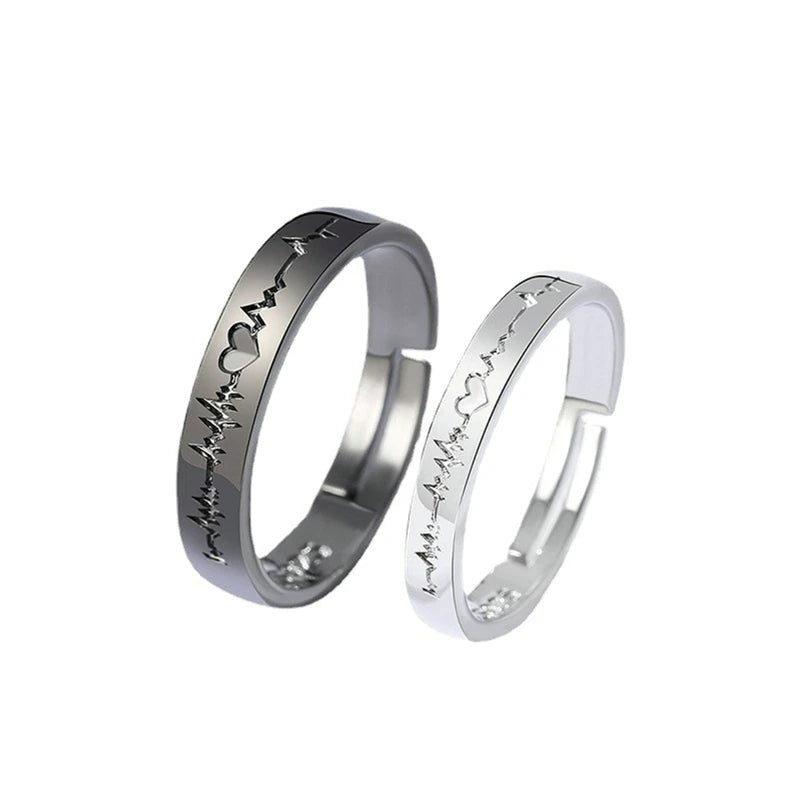 Dospita 2Pcs/set Romantic Couple Rings For Women Men Punk Heart ECG Black White Forever Love Promise Wedding Ring Valentine'S Day Gift