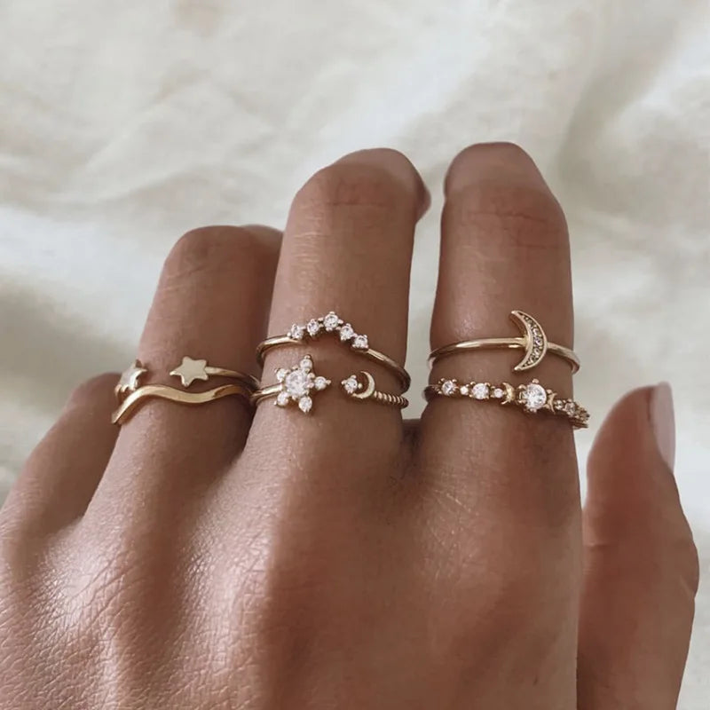 Dospita New VIntage Hug Flower Wave Knuckle Rings Punk Fashion Star Cross Pearl Zircon Knuckle Finger Ring Set for Women Party Jewelry