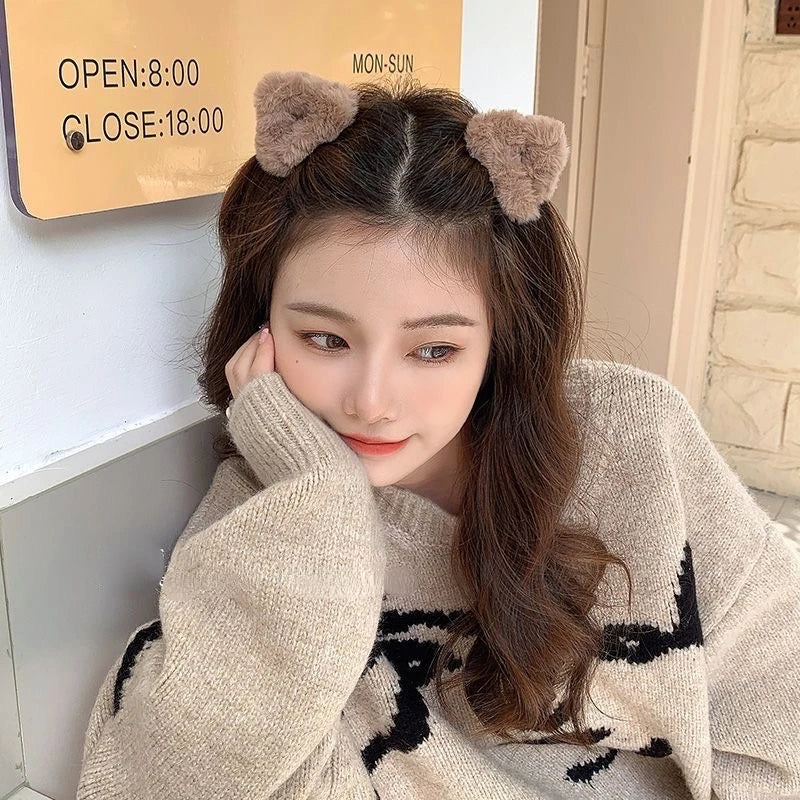 Dospita Plush Cat Ears Hair Clips For Women Girls Lamb Cashmere Hairpin Forehead Bangs Clip Fluffy Children New Winter Hair Accessories