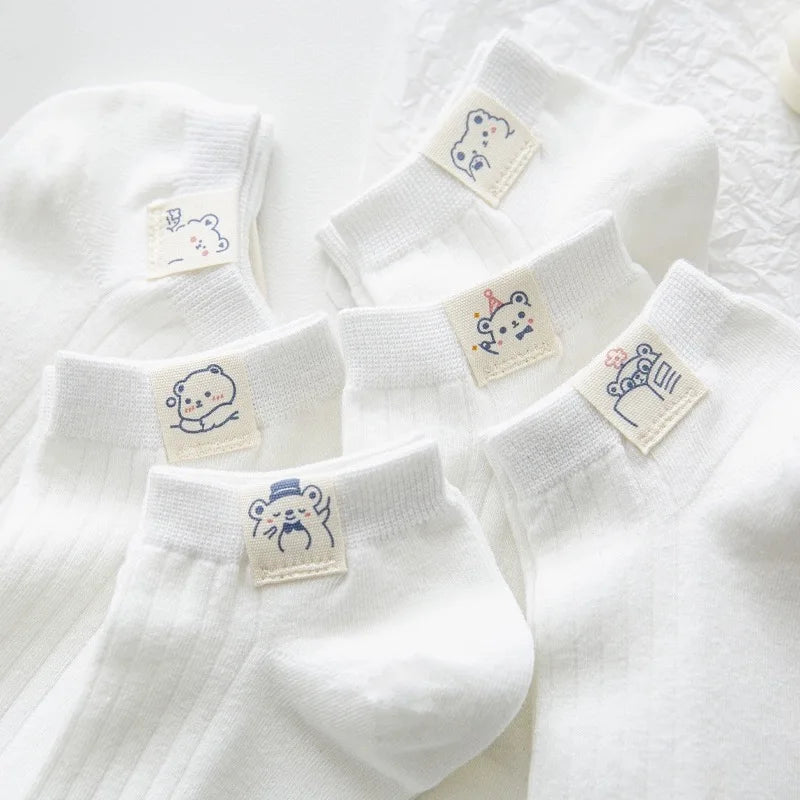 Dospita  -  5 Pairs/lot Cute White Socks Girls Women Low Cut Cotton Solid Socks Bear Woven Label Summer Spring Breathable Ankle Short Sock