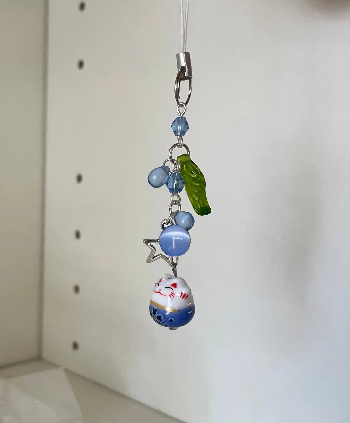 Dospita  -  Handmade blue lucky cat phone charm | cat charm | phone accessories | leaf charm | blue lucky cat Keychain