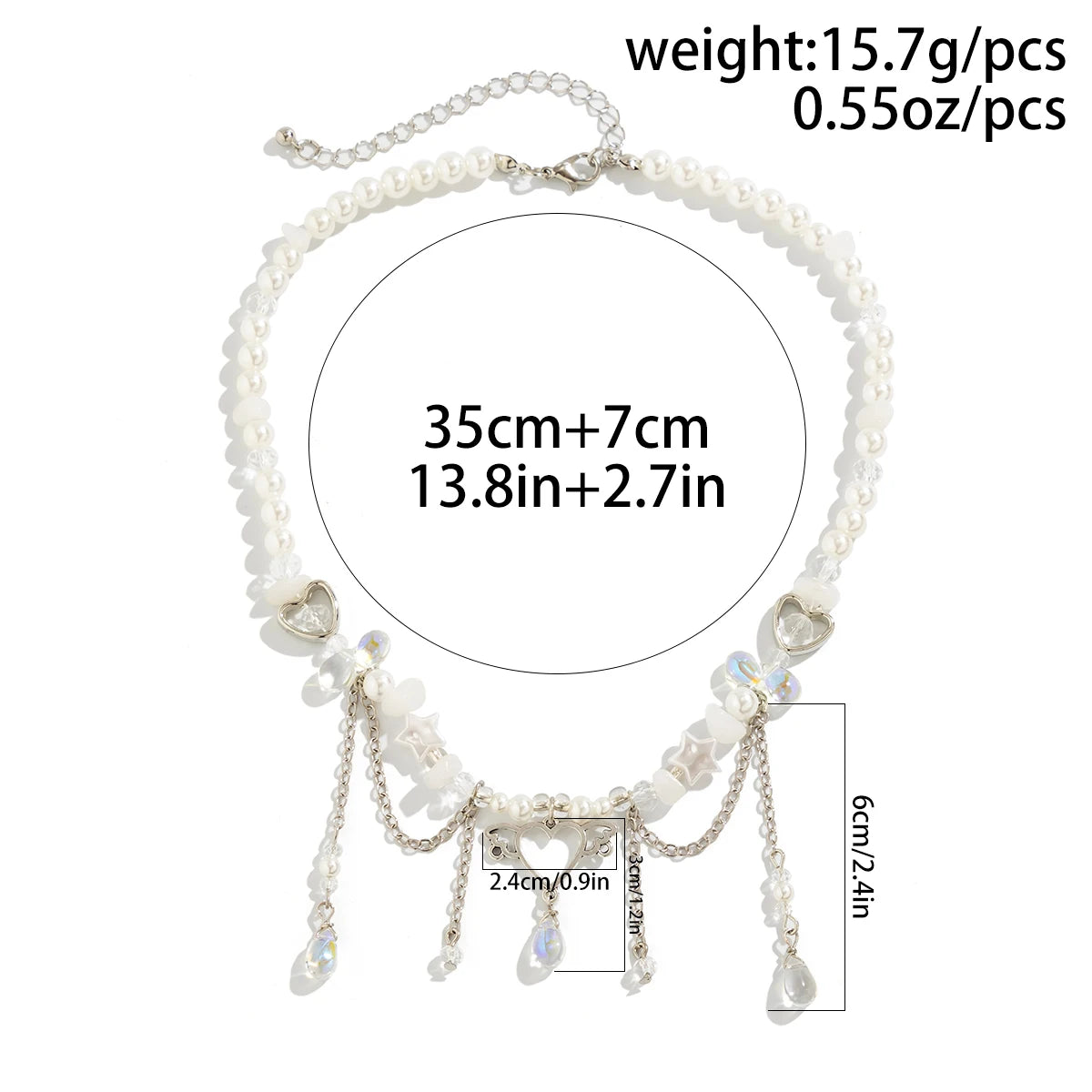 Dospita Lacteo Y2K Imitation Pearl Crystal Beads Necklace Heart Charm Tassel Choker Girls Neck Chain Women Party Gifts Jewelry Collar