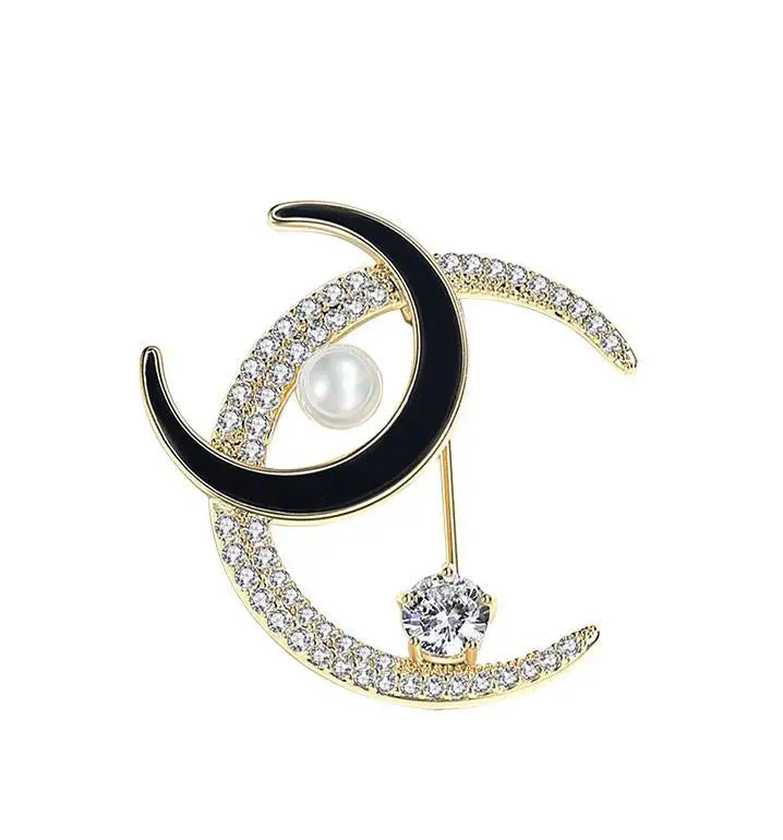 Dospita Simplicity Pearl Crystal Double Moon Brooches For Women Elegant Luxurious Rhinestone Alloy Enamel Brooch Safety Pins