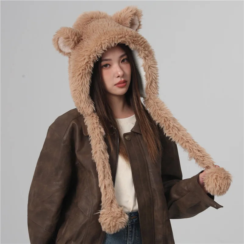 Dospita Cute Bear Ear Hats Women Winter Warm Hat Plush Ear Protection Bonnet Riding Bomber Bonnets Animal Fashion Wool Hats for Women