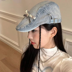 Dospita French Korean Style Y2K Bow Beret Cowboy Retro Denim Painter Hat Streetwear Female Artist Hat Students