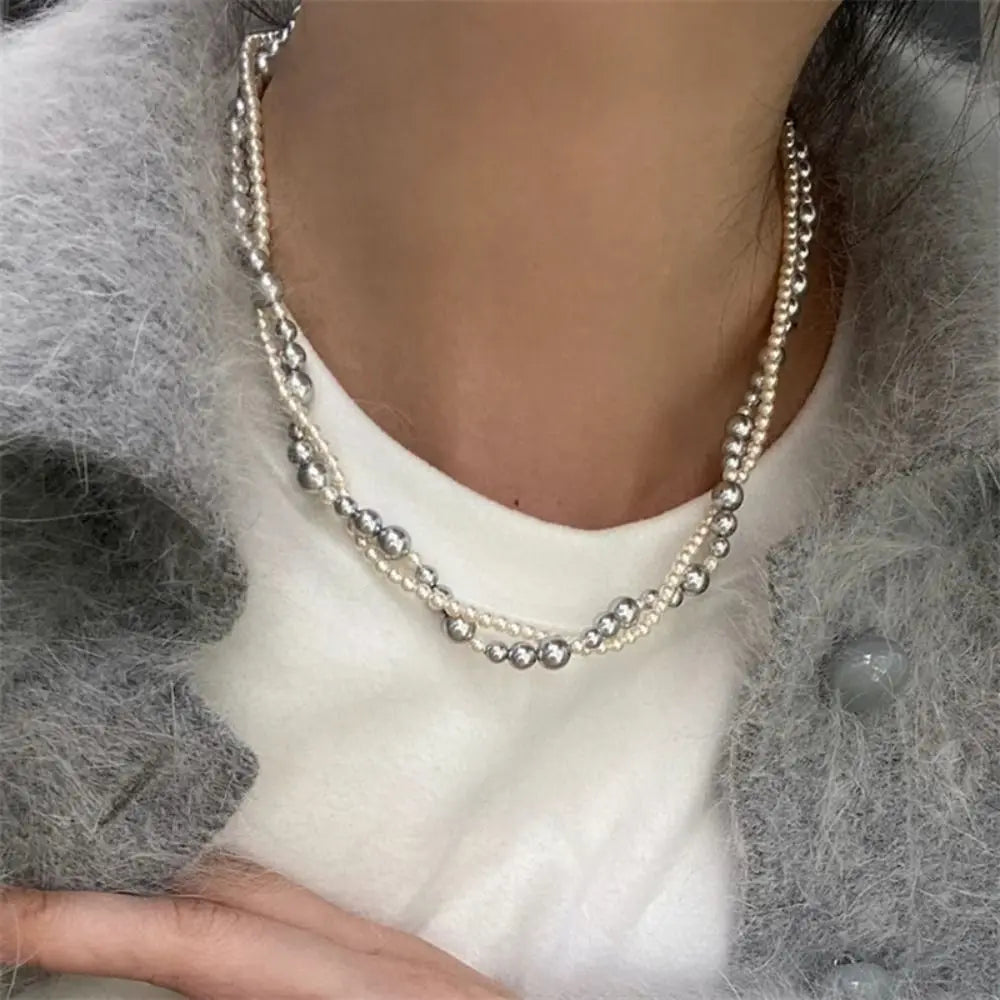 Dospita  -  Alloy/Titanium Steel Pearl Wrapped Double-layer Necklace Bilayer Pearl Double Layered Necklace Pearl Necklace Woman