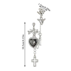 Dospita Vintage Black Crystal Heart Cross Chain Ear Cuff for Women Girls Gothic Hip Hop Metal Cross Ear Clip on Earrings Jewelry Gift