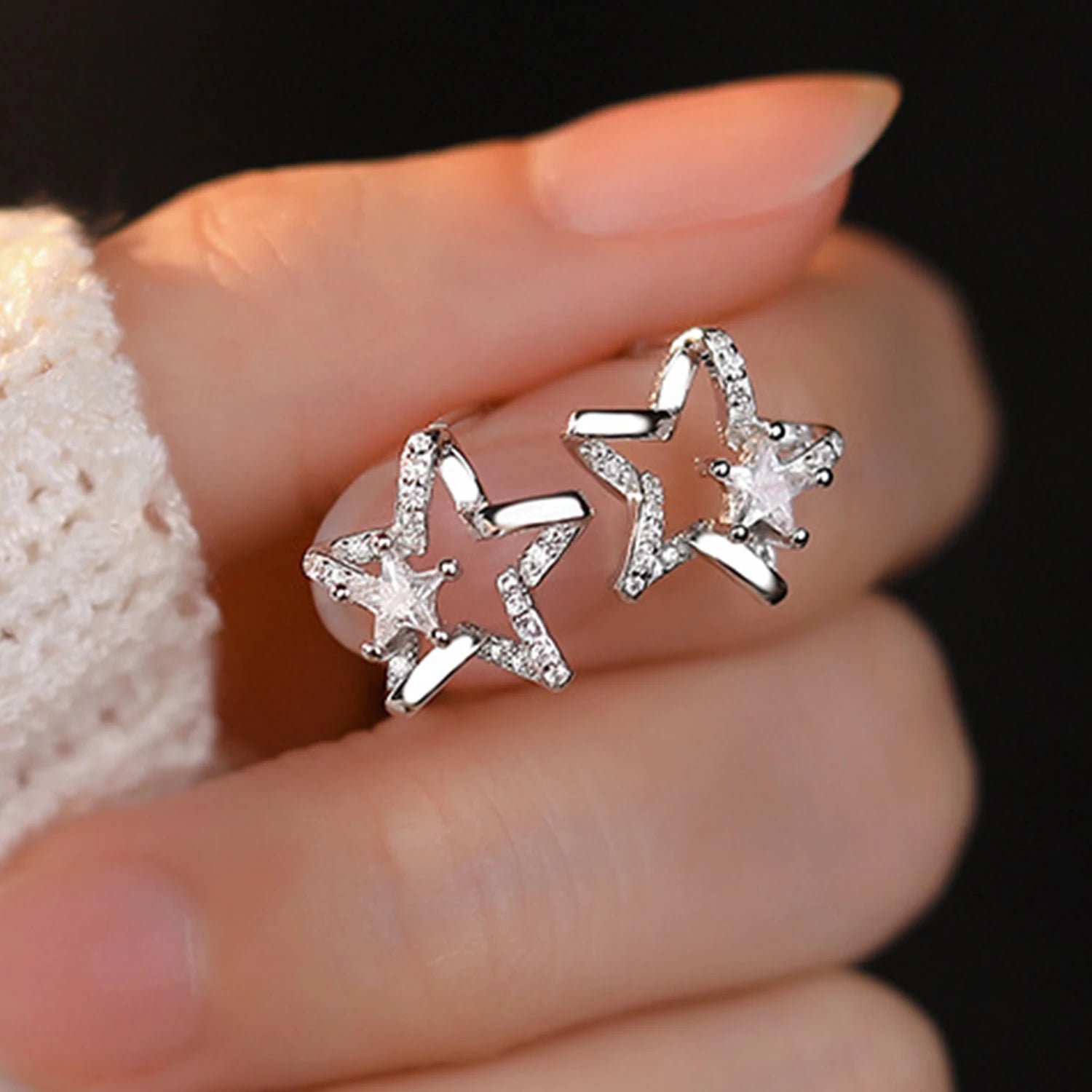 Dospita Small Star Cubic Zircon Stud Earrings For Women Silver Color Trendy Lady Jewelry New On The Ear Star Stud Earring