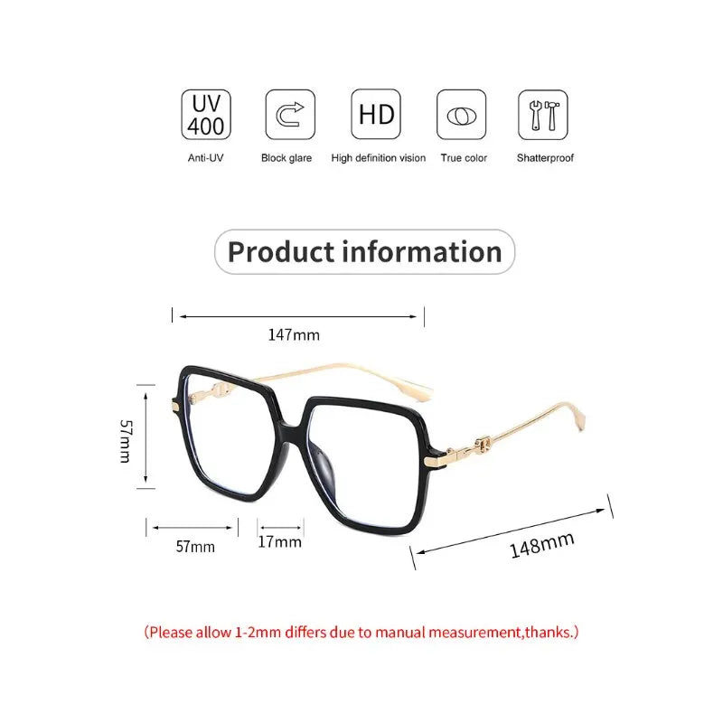 Dospita Fashion Oversized Square Eyewear Retro Womens Light Bloking Metal Frame Glasses Trend Optical Computer Eyeglasses