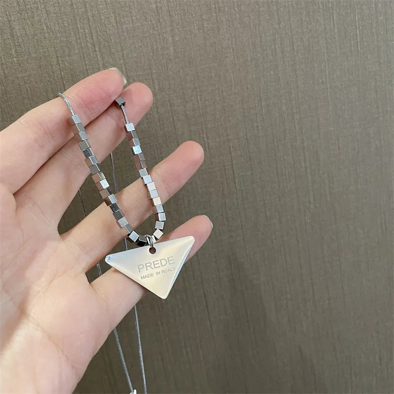 Dospita Stainless Steel Geometric Triangle Letter Pendant Necklace for Women Autumn and Winter Fashion Sweater Collar Choker Necklace