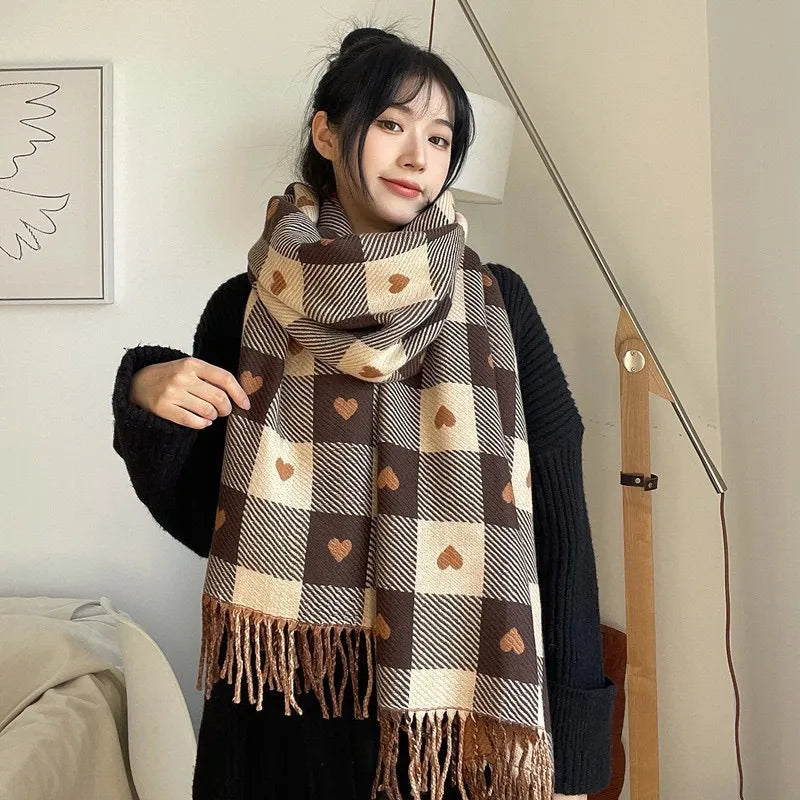 Dospita Women's Winter Scarf Love Heart Cashmere Long Tassel Shawl Thickened Warm Plaid Neckband Scarf Men Korean Fashion Accessories