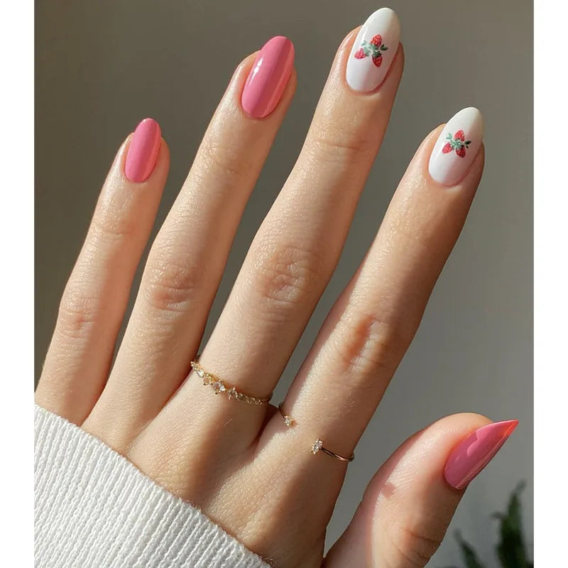 Dospita 24Pcs Short Almond False Nails with Glue Colorful Flowers Design Fake Finger   Nails Wearable Artificial Oval Press on Nails