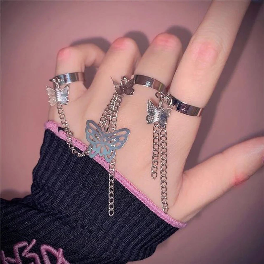 Dospita Personality Simple Butterfly Mittens Chain Finger Rings for Women Girls Gold Color Silver Color Charm Pendant Ring Jewelry Gift