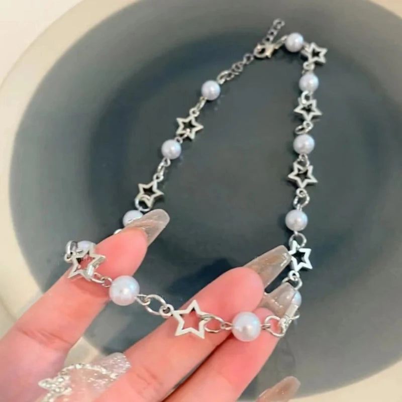 Dospita Korean Fashion Hollow Star Pearl Choker Necklace for Women Sweet Aesthetic Charm Bracelets Harajuku Trend Y2k Jewelry