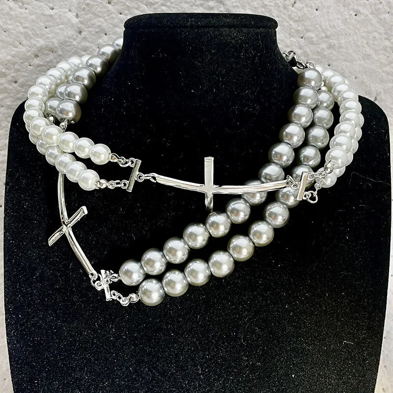 Dospita Trend Elegant Beads Pearl Cross Pendant Necklace for Women Men Bilayer White Gary Imitation Pearl Bracelet Jewelry Sets Wedding