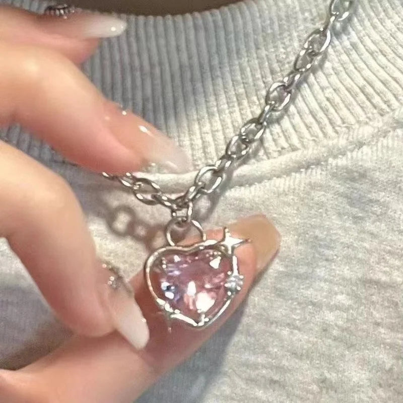 Dospita  -  Y2K Accessories Fashion Peach Heart Water Drop Pendant Necklace Pink Crystal Egirl Sweet Cool Clavicle Chain Aesthetic Jewelry