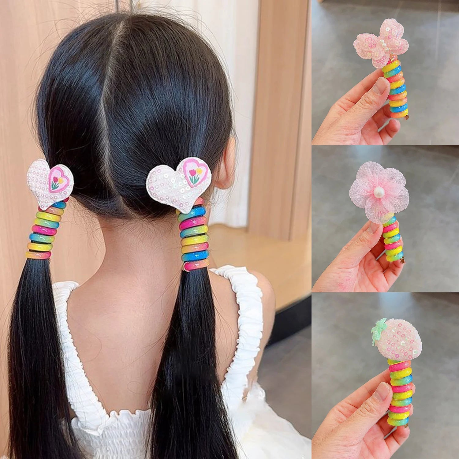 Dospita Baby Hair Accessories Children's Telephone Line Hair Loop High Horsetail Head Rope Colorful Elastic Bands Flower Girls Headdress