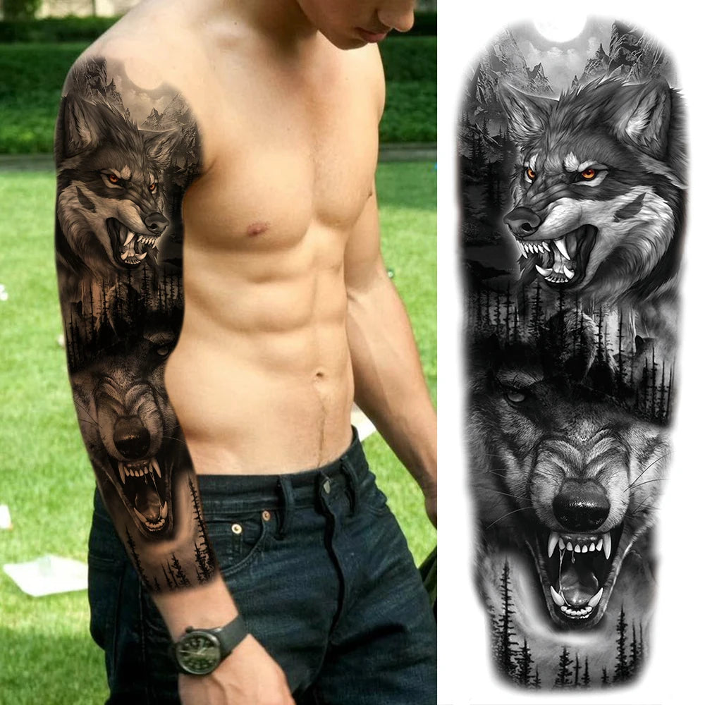 Dospita  -  Black Forest Wolf Temporary Tattoos Sleeve For Men Women Fake Soldier Compass Eye Tattoo Sticker Full Arm Washable Tatoos Sets