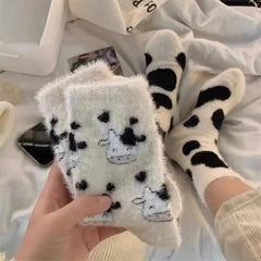 Dospita  -  Cartoon Cute Cow Mink Velvet Socks Women Winter Soft Fleece Plush Warm Home Sleep Boot Socks Kawaii Y2K Furry Thermal Tube Sox