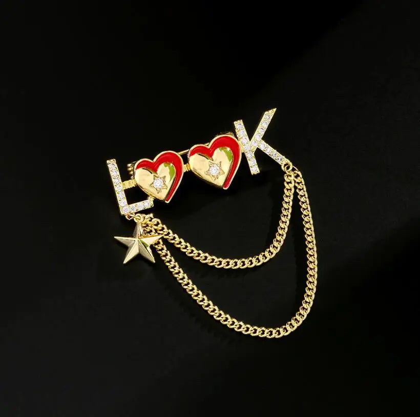 Dospita Fashion Metal Alloy Love Heart Brooches Letter Tassel Chain Fixed Clothes Rhinestone Lapel Pins Clothing Accessories Gift