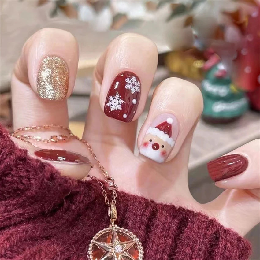 Dospita 24Pcs/Set Christmas Collection Wearing False Nails Art Elk Santa Claus Snowman Press on Nail Tips Kawaii Acrylic Stick on Nails