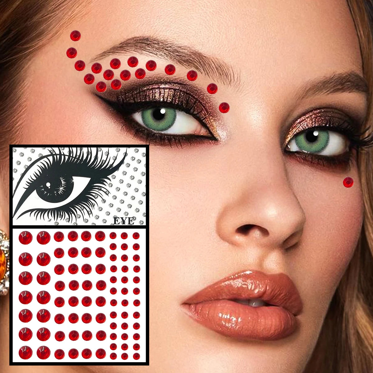 Dospita  -  Red Heart Face Jewelry Temporary Tattoos Eye Forehead Diamonds Jewels Makeup Sticker Sparkle Water Drop Gems Nail Art Festival