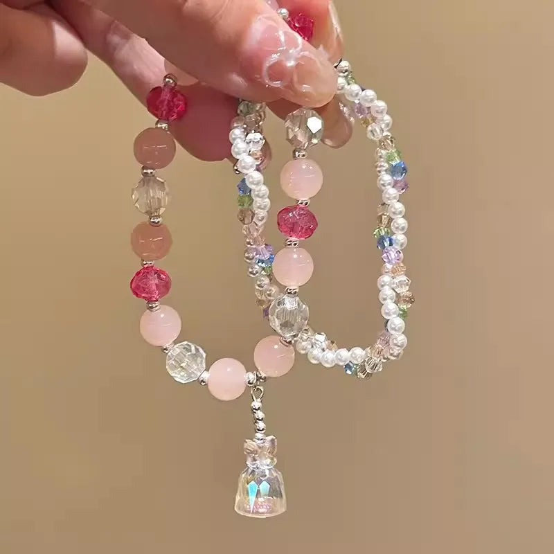 Dospita Pink Beaded Bracelet Cute Simple All-Match Bracelet Bilayer Sweet Colorful Glass Crystal Acrylic for Women Y2K Jewelry Gifts