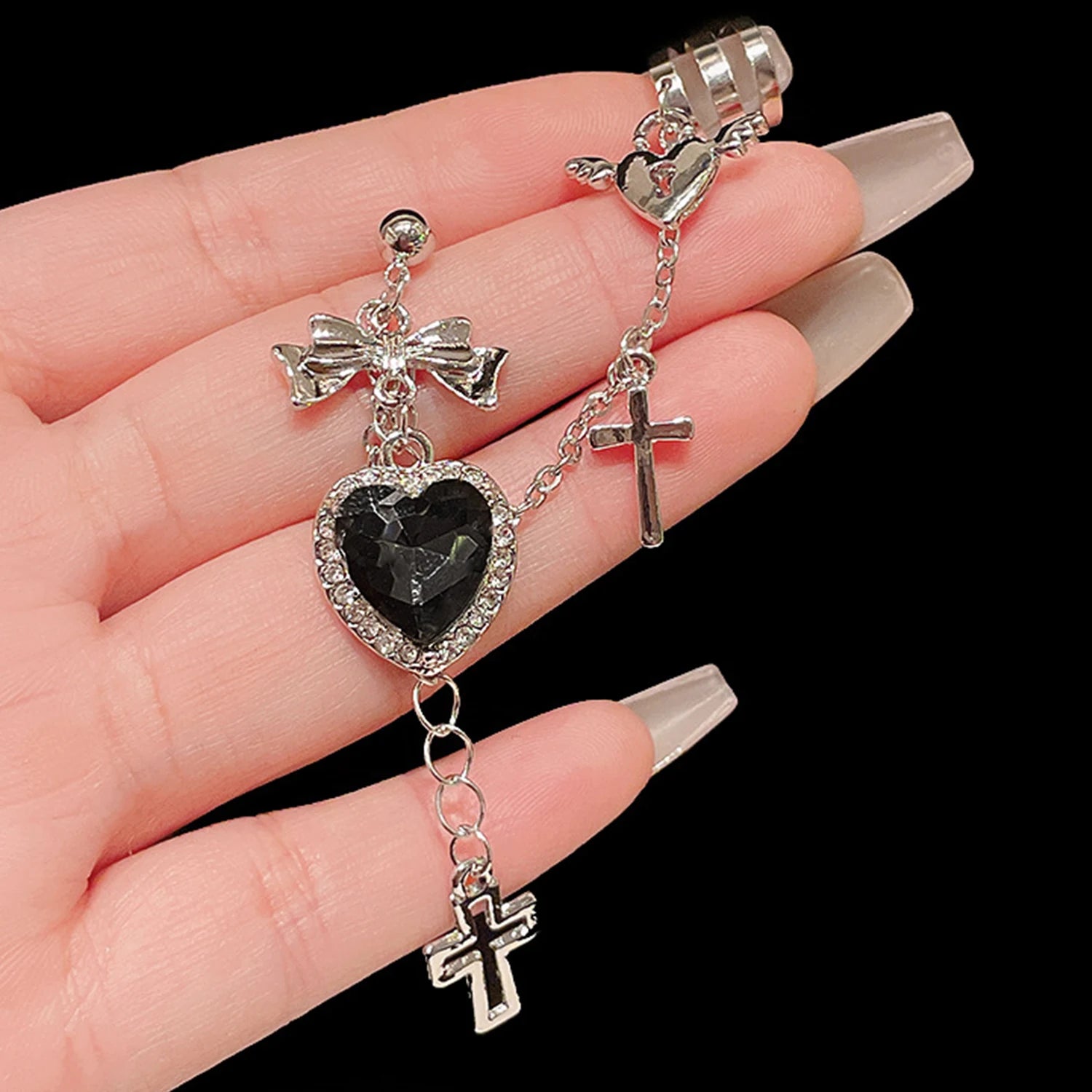 Dospita Vintage Black Crystal Heart Cross Chain Ear Cuff for Women Girls Gothic Hip Hop Metal Cross Ear Clip on Earrings Jewelry Gift